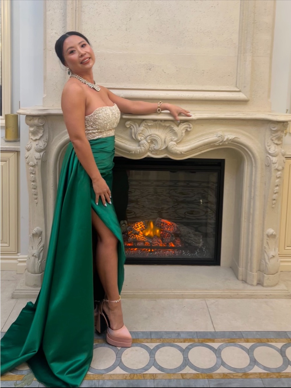 Emerald Green Satin Maxi Dress with Ivory Lace Bodice